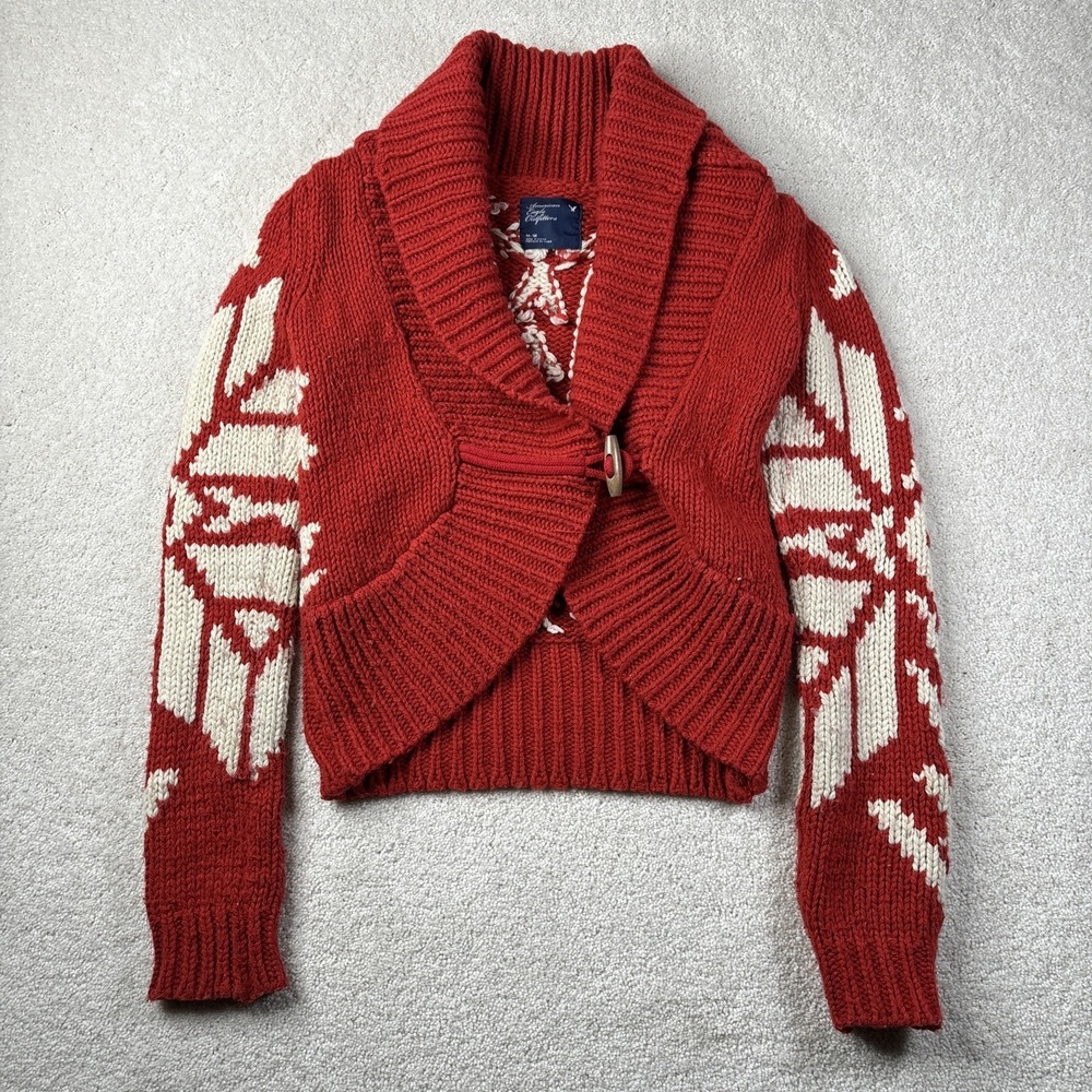 American Eagle Cardigan Sweater Y2K Scandigirl Fair Isle Red White Medium‎